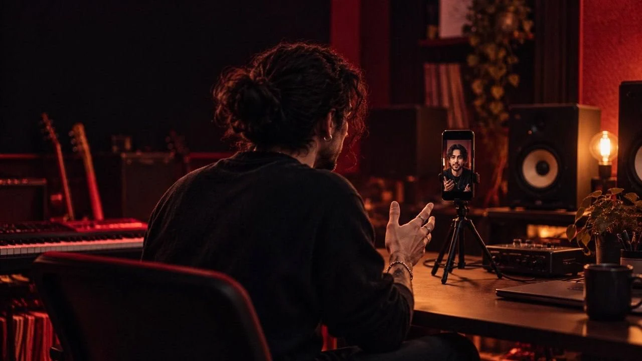 intimate contemporary home recording studio, one musician seen in three-quarter rear view sitting at a clean desk, speaking naturally toward a vertically mounted smartphone on a small tabletop tripod. The phone is clearly recording a talking portrait but its screen has no readable words, numbers, logos, or recognizable app interface. A compact audio interface and softly out-of-focus studio monitors provide authentic musical context; no singing, no stage spectacle. sophisticated cinematic editorial illustration with convincing photographic materials and subtle grain, deliberately conceptual rather than a documentary image of any actual person.