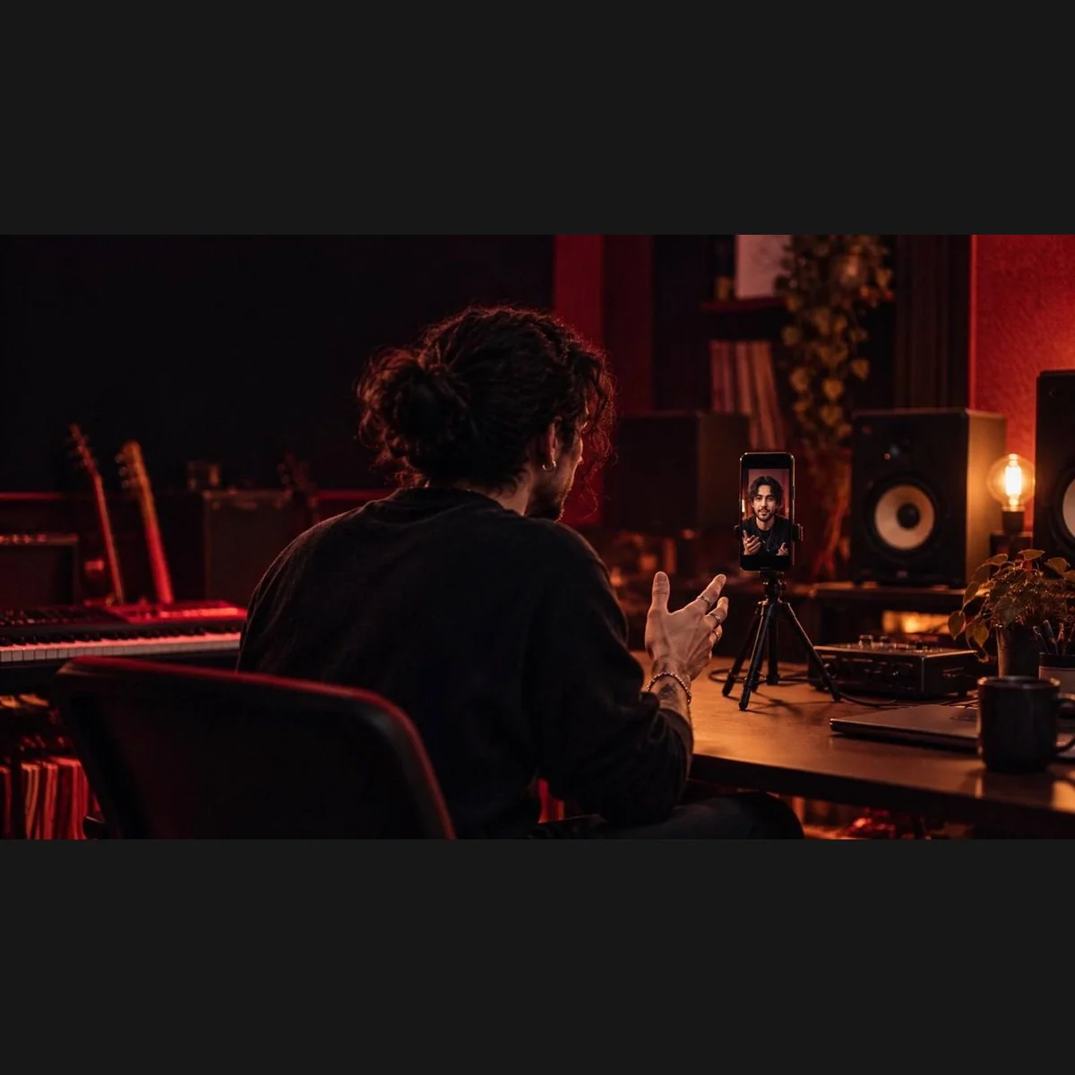 Un músico independiente graba un mensaje personal en un teléfono vertical dentro de un estudio iluminado en rojo y ámbar.